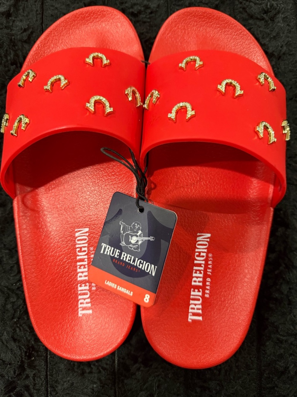 True Religion Red Slide Sandals with Gold Accents